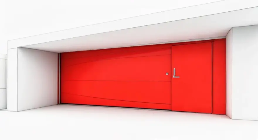 Une porte de garage rouge vif, au design moderne avec une porte latérale intégrée.