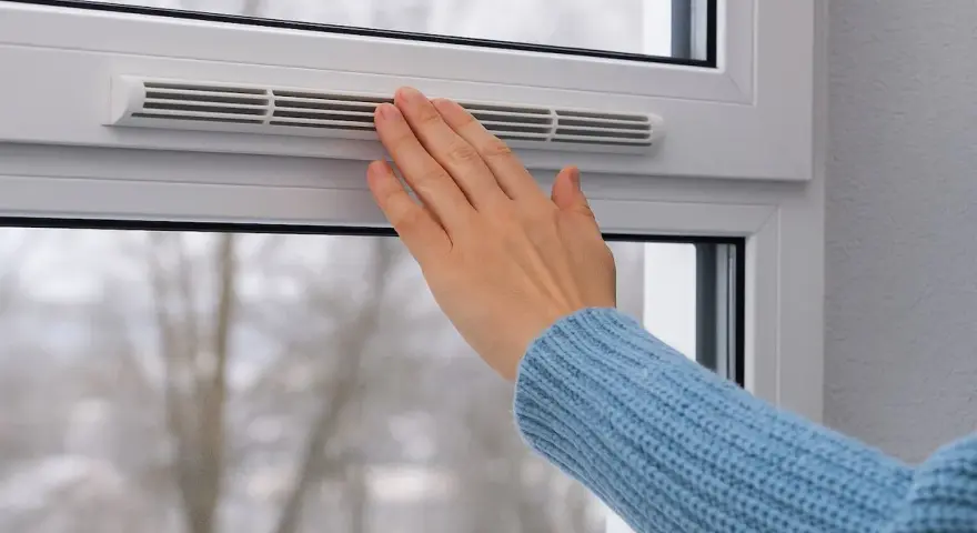 Main tenant ajuste la ventilation d'une fenêtre pour un confort optimal, même par temps froid.