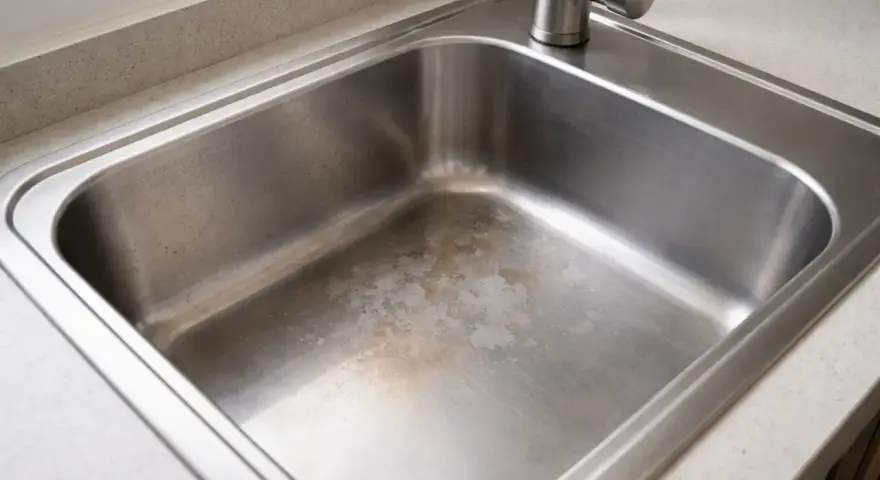 Évier en inox taché par acide, montrant des marques de corrosion sur le fond.