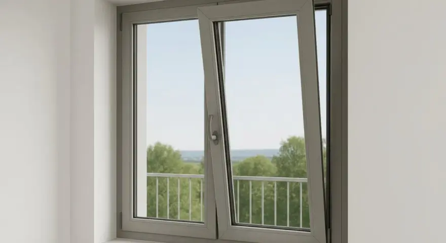 Fenêtre grise avec une ouverture par le haut, laissant entrer la lumière et offrant une vue sur des arbres verdoyants et un ciel bleu.