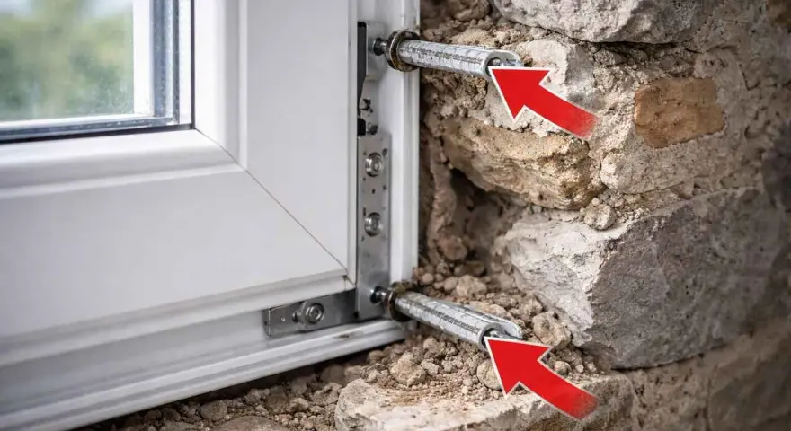 Fixation d'une pose fenêtre bois dans un mur en pierre. Les flèches rouges indiquent les fixations métalliques.