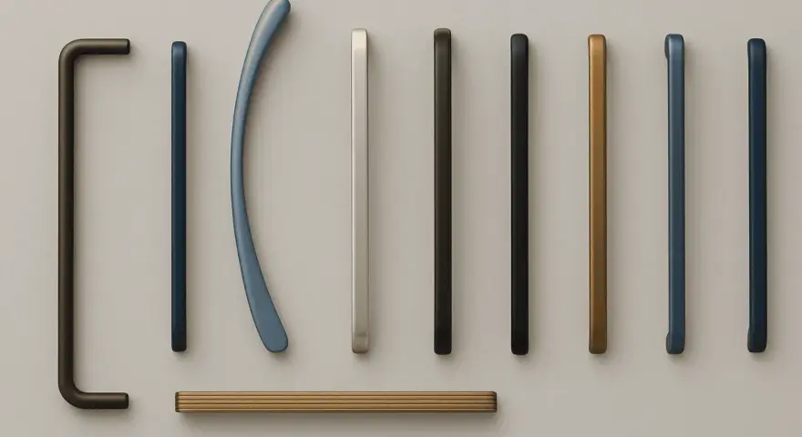 Poignées de meubles aux finitions variées, du bronze patiné au bleu moderne, sans signe de zamak corrosion.