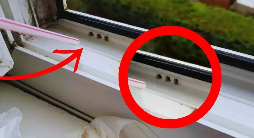 Petite paille rose pointant vers des trous d'évacuation d'eau sur une fenêtre en PVC. Ces trous sont essentiels pour le bon drainage.