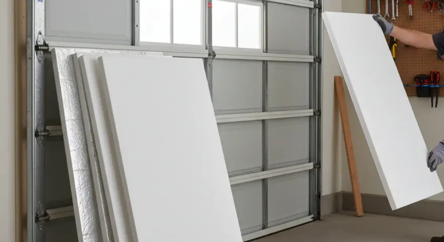 Une personne prépare des panneaux pour isoler une porte de garage. Des feuilles de polystyrène blanc sont empilées, une est tenue par des mains gantées.