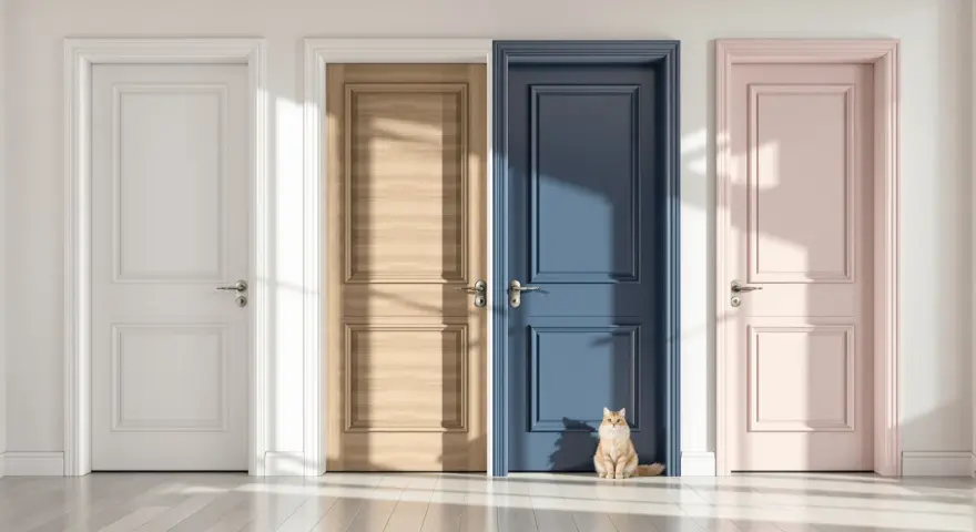 Un chat roux hésite devant quatre portes intérieures : blanche, bois clair, bleu marine et rose pâle. Quelle couleur choisir pour les portes intérieures ?