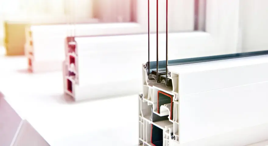 Profilé de fenêtre PVC blanc en coupe, montrant le double vitrage et les chambres d'isolation pour un excellent coefficient thermique double vitrage.