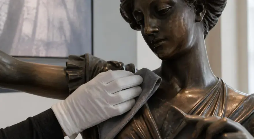 Gant blanc nettoyant délicatement une statue en bronze. Apprenez comment nettoyer bronze pour préserver sa beauté.