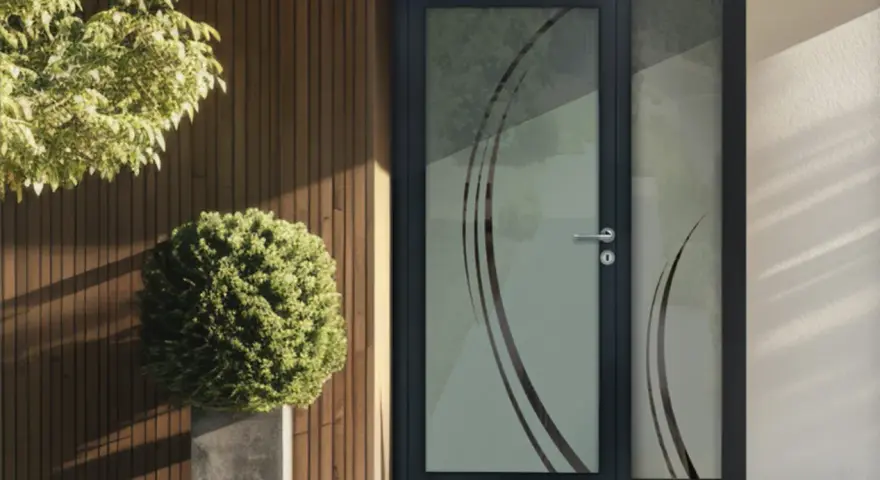 Porte d'entrée moderne avec un type de vitrage décoratif aux motifs courbes. Un arbuste et un arbre apportent une touche de verdure.