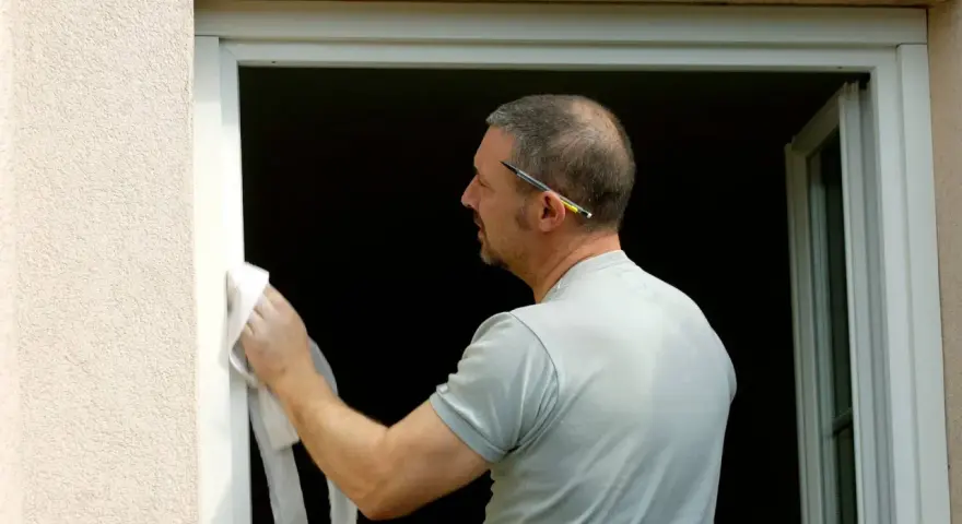 Pose d'une fenêtre en rénovation sur ancien dormant. L'ouvrier nettoie le cadre avec un chiffon.