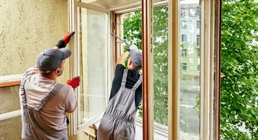 Deux ouvriers remplacent un vieux double vitrage des années 70. Ils travaillent sur un cadre en bois usé, avec vue sur des arbres verdoyants.