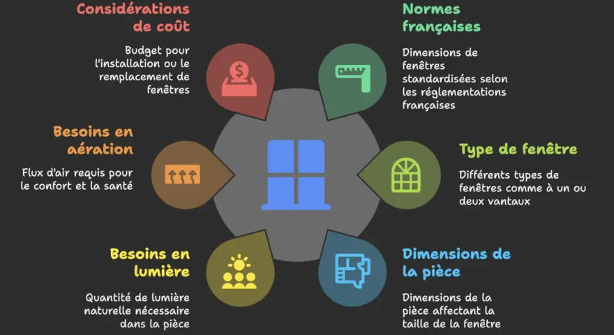 Schéma illustrant les facteurs influençant la forme de fenêtre : coût, aération, lumière, dimensions de la pièce, type et normes françaises.