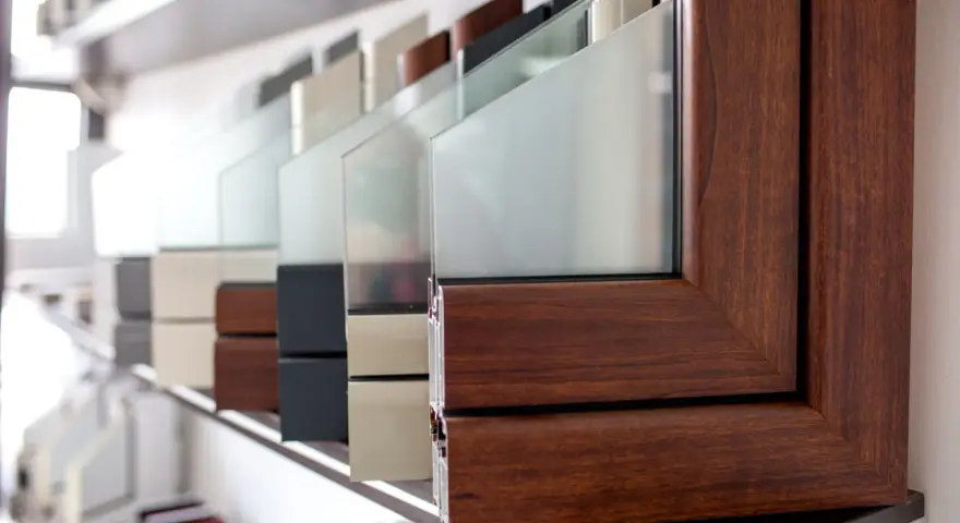 Échantillons de cadres de fenêtre en bois ou PVC, montrant différentes finitions et textures pour un choix personnalisé.