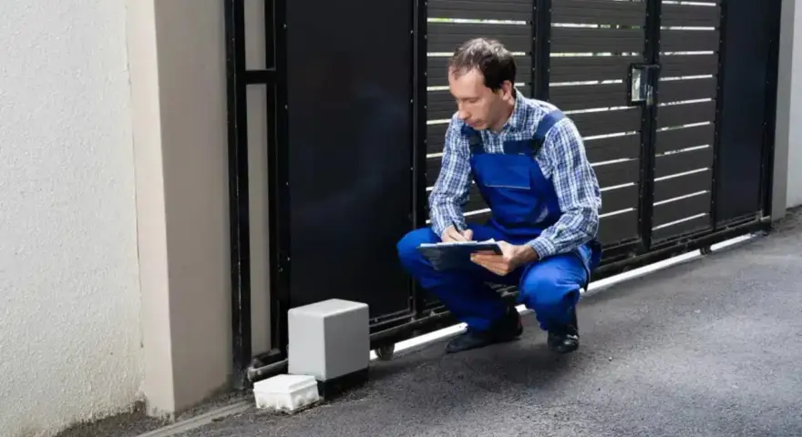 Un technicien vérifie le passage de gaine pour portail coulissant, prenant des notes sur son carnet.