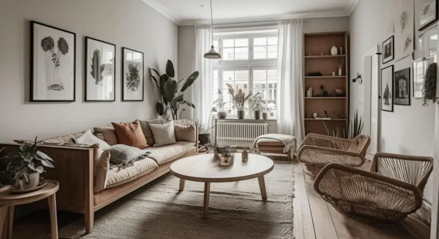 Salon cosy avec canapé beige, table basse ronde en bois clair, fauteuils en rotin et une grande fenêtre. La couleur fenêtre bois se marie aux éléments naturels.