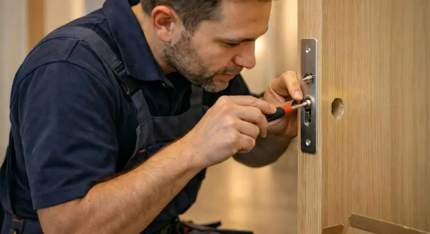 Un serrurier utilise un tournevis pour ajuster une serrure, une étape clé pour savoir comment mesurer un barillet de porte.