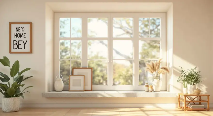 Une fenêtre avec allège pleine, décorée de cadres, de plantes et de vases, baignée de soleil.