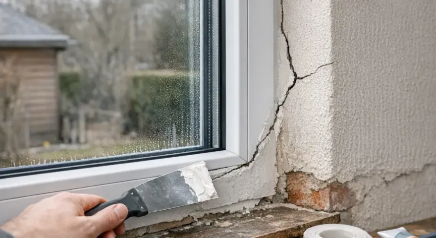 Application d'enduit sur une fissure près d'une fenêtre. Un outil de maçonnerie est utilisé pour réparer le mur extérieur.