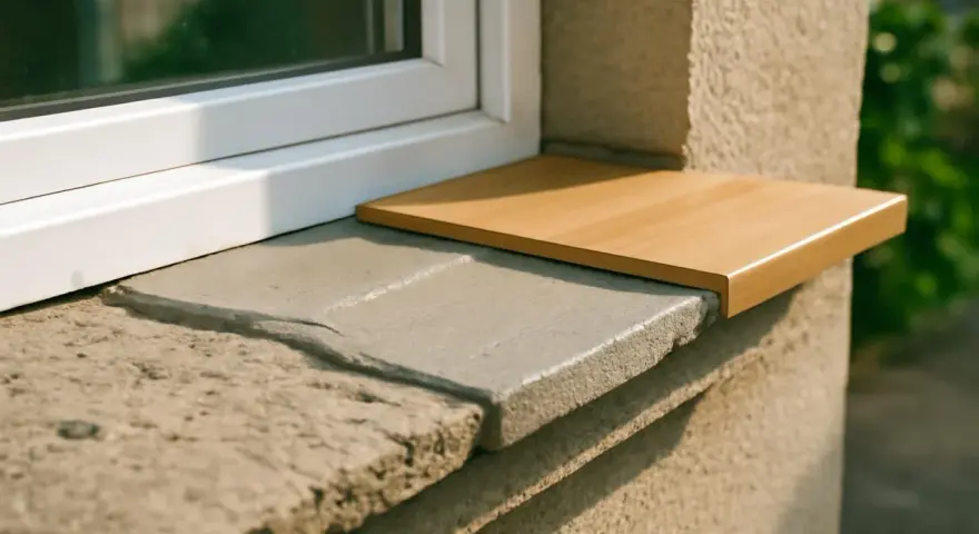 Nouvel appui de fenêtre extérieur en bois clair, remplaçant l'ancien en pierre usée.