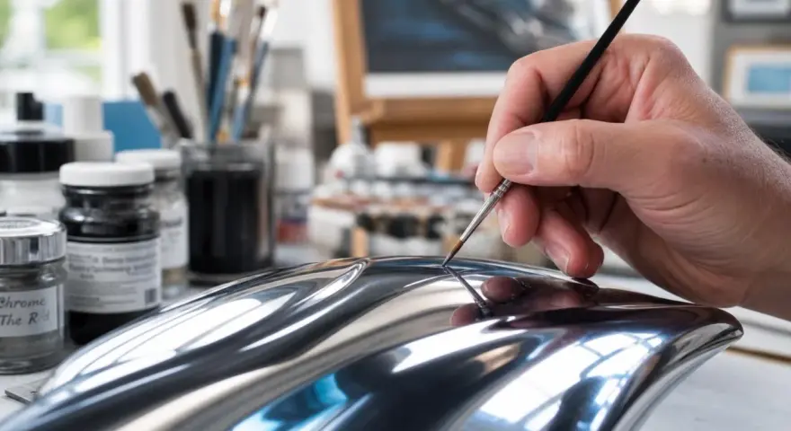 Main d'artiste peignant un objet à la finition chrome, ajoutant des détails subtils pour un réalisme saisissant.
