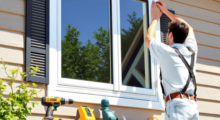 Pose d'une fenêtre en applique pour rénovation. Un ouvrier ajuste le cadre d'une nouvelle fenêtre blanche sur une maison. Outils de pose à proximité.