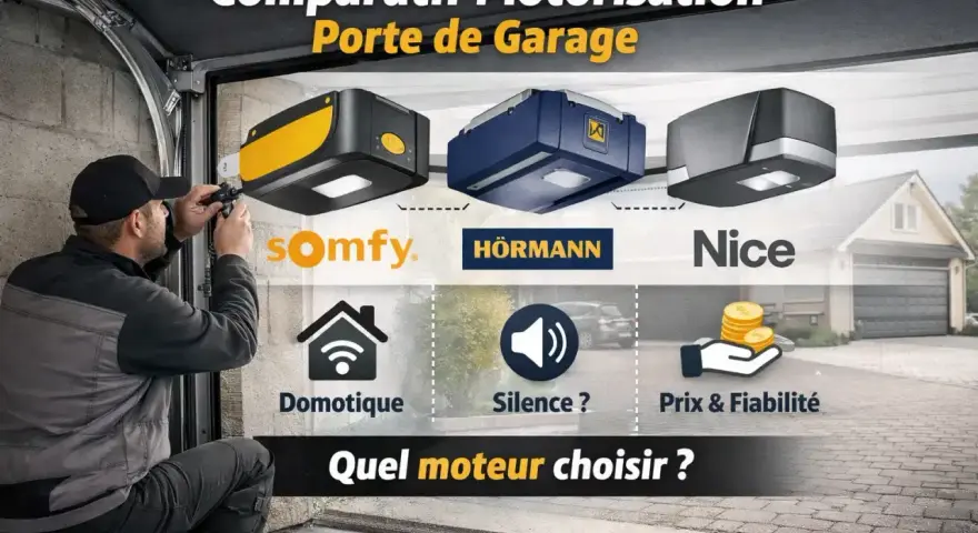 Comparatif de motorisations de porte de garage : Somfy, Hörmann, Nice. Quel moteur choisir pour domotique, silence et prix ?