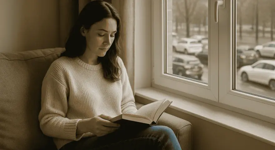 Une femme lit un livre près d'une fenêtre phonique, profitant du calme malgré le bruit extérieur.