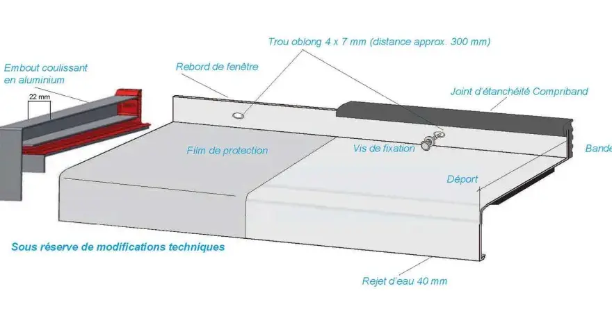 Détail d'un rejingot aluminium avec son embout coulissant, joint d'étanchéité, vis de fixation et bande d'insonorisation.