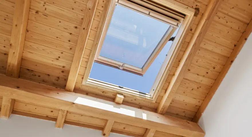Un *uw velux* ouvert sur un ciel bleu éclatant, encadré par des poutres et un plafond en bois chaleureux.