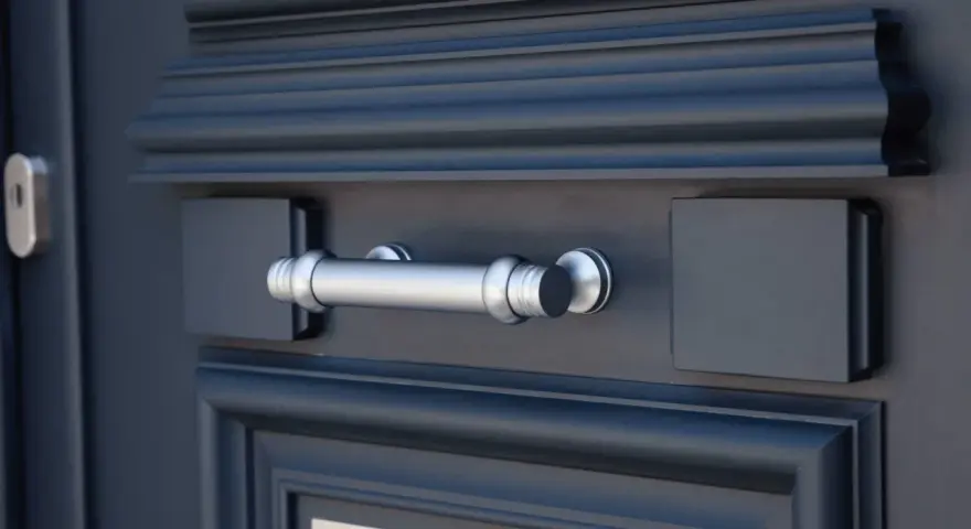 Barre de tirage porte d'entrée en argent, avec un design élégant. Son fonctionnement est simple et intuitif pour ouvrir la porte.