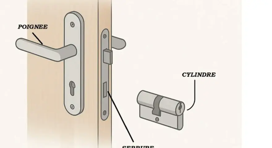 Détail d'une serrure : poignée, cylindre et le mécanisme de la serrure sur une porte.