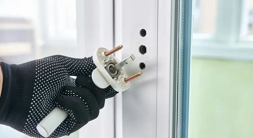 Main tenant en main une nouvelle poignée pour changer poignee fenetre. Le mécanisme est prêt à être installé.