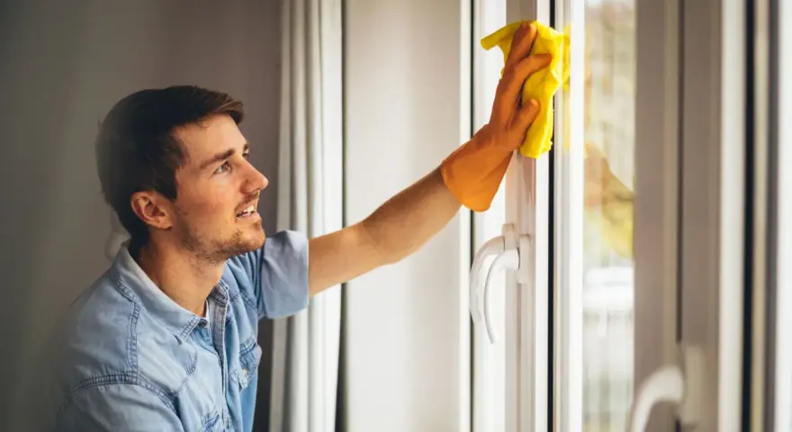 Un homme nettoie une fenêtre en aluminium avec un chiffon jaune. Le soleil brille à travers la vitre.