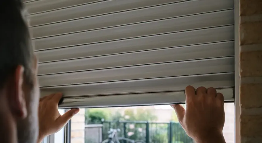 Un homme essaie de remonter son volet roulant qui ne fonctionne plus après coupure de courant. Il tient le bas du volet avec ses deux mains.
