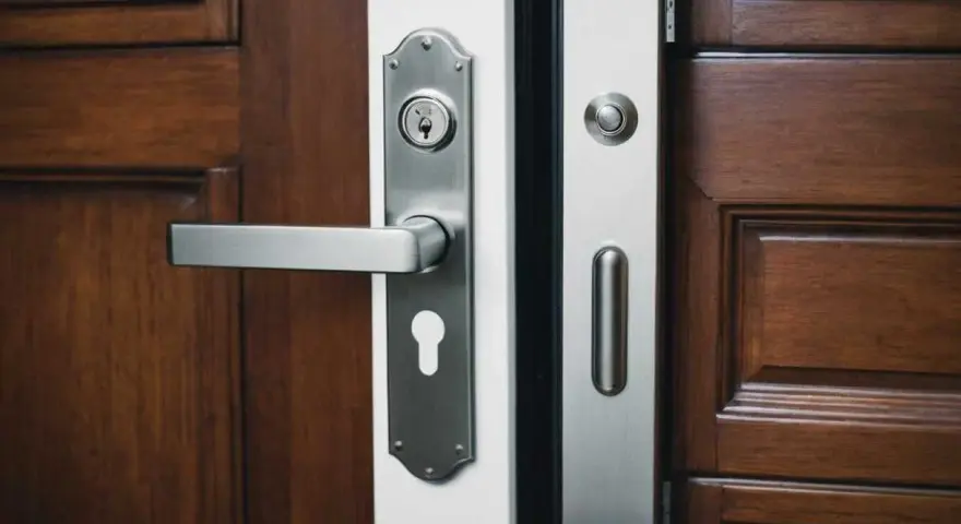 Poignée et serrure argentées sur une porte d'entrée en bois sombre.