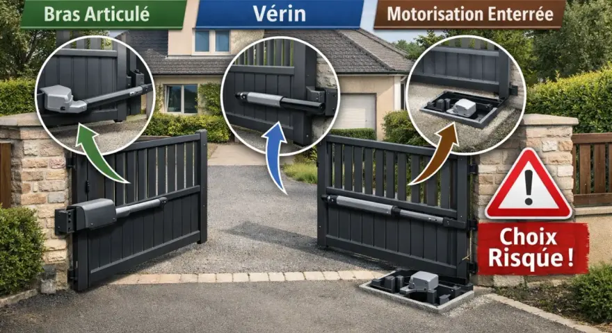 Trois types de motorisation de portail : bras articulé, vérin, et motorisation enterrée. Le choix de la motorisation portail en applique est crucial pour la sécurité.