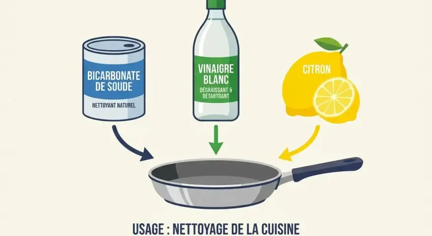 Nettoyer inox avec bicarbonate de soude, vinaigre blanc et citron pour un nettoyage de cuisine efficace.