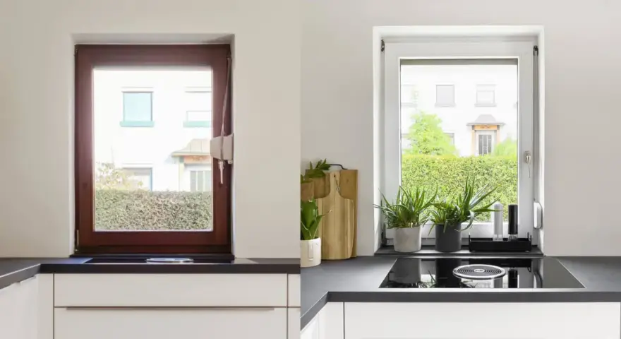 Avant/après : une fenêtre en bois marron est transformée en une fenêtre blanche lumineuse, apportant plus de clarté à la cuisine.