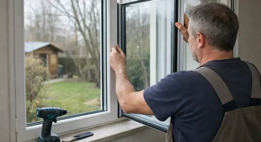 Un ouvrier installe une nouvelle fenêtre, remplaçant un ancien vitrage simple. Un jardin et un cabanon sont visibles à travers la vitre.