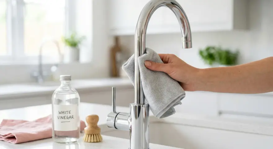 Maintenir l'éclat de votre robinetterie chromée : astuce pour nettoyer de l'aluminium brossé avec du vinaigre blanc et un chiffon doux.