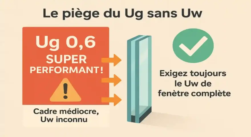 Le piège du Ug sans Uw : un Ug de 0,6 super performant peut cacher un cadre médiocre et un Uw inconnu. Exigez toujours le Uw de la fenêtre complète.