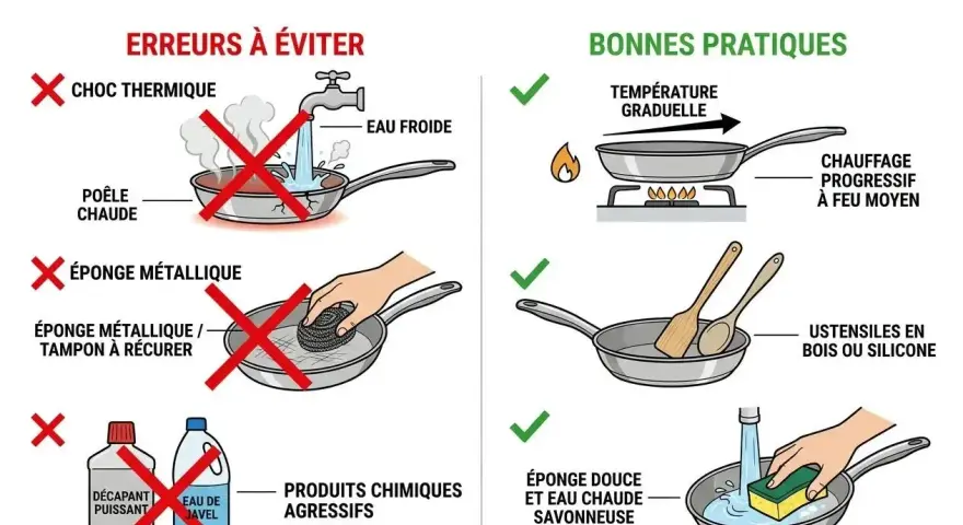 Guide pour nettoyer acier inoxydable noirci : éviter choc thermique, éponges métalliques et produits agressifs. Privilégier chauffage progressif et nettoyage doux.