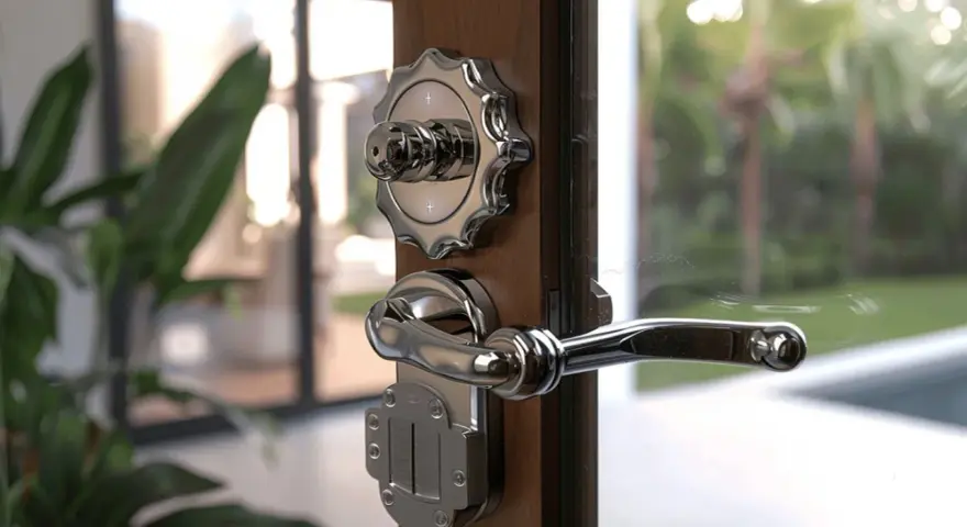Poignée de porte en métal chromé, avec un bouton rotatif et un loquet, un type de serrure élégant pour une entrée moderne.