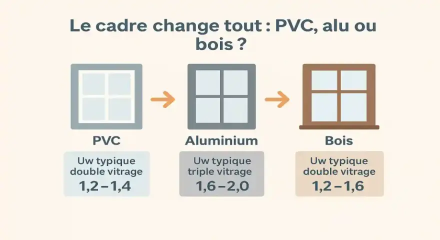 Comparaison des cadres de fenêtres : PVC, aluminium et bois. Le coefficient Uw varie selon le matériau et le vitrage, influençant l'isolation.