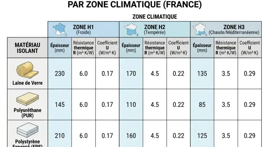 Tableau comparatif des épaisseurs d'isolants (laine de verre, polyuréthane, polystyrène expansé) par zone climatique en France, incluant le coefficient de transmission surfacique U.