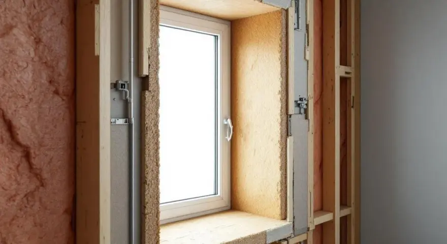 Vue rapprochée d'une fenêtre en cours d'installation, montrant l'isolation et la structure en bois. Idéal pour ceux qui veulent changer fenêtre soi même.