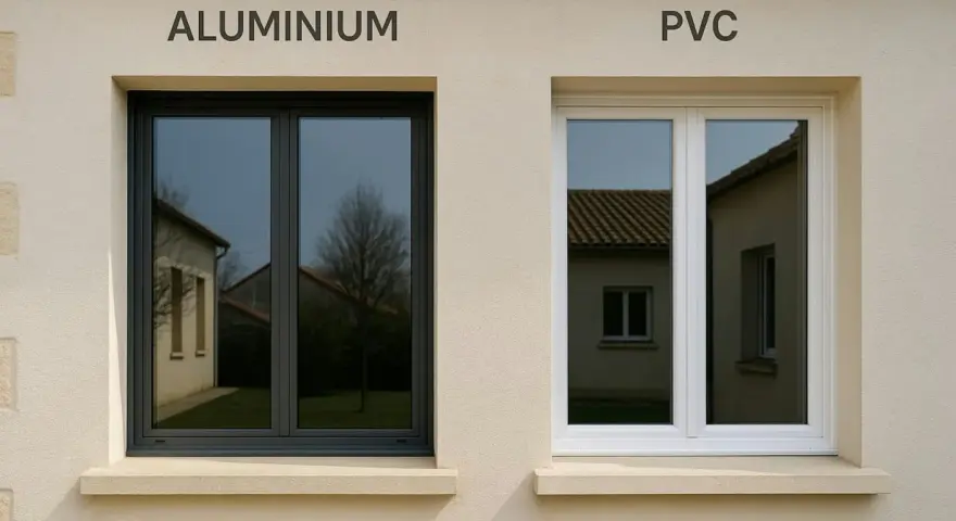Comparaison de deux fenêtres : une en aluminium gris foncé et une en PVC blanc. Aide à décider quelle fenêtre choisir pour votre maison.