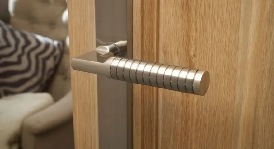 Poignée de porte d'entrée en métal brossé, au design moderne avec un manche texturé, fixée sur une porte en bois clair.