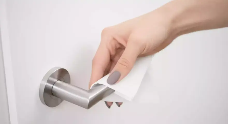 Main d'une femme nettoyant une poignée de porte en métal avec un chiffon. Apprenez comment nettoyer poignée métal vieilli pour lui redonner son éclat.