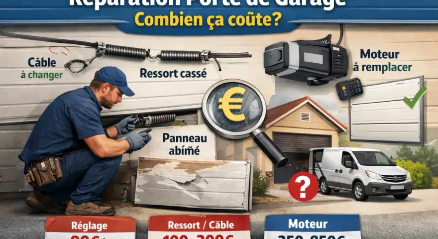 Réparation porte de garage : coût du remplacement moteur, ressort, câble ou panneau. Estimation des prix.