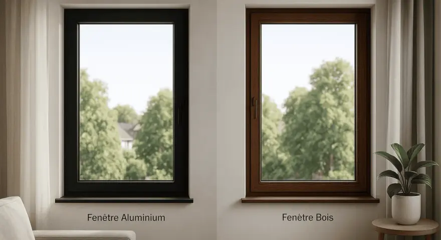 Fenêtre aluminium noir et fenêtre bois brun, deux options de menuiserie mixte pour un intérieur lumineux.